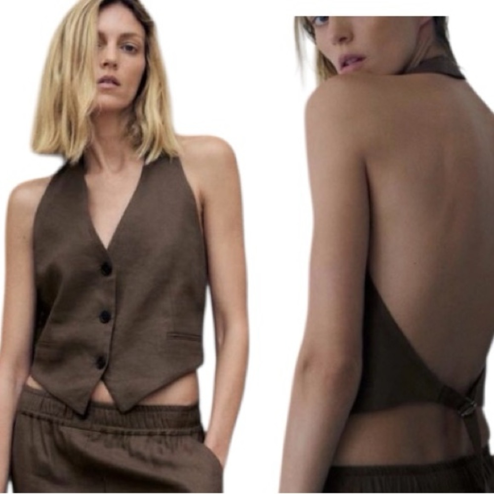 ZARA Linen Blend Halter Neck Vest Open Back With Buckle size large